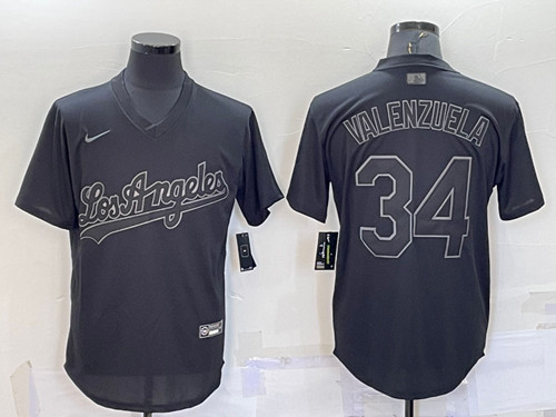 Men's Los Angeles Dodgers #34 Fernando Valenzuela Black Pitch Black Fashion Replica Stitched Jersey